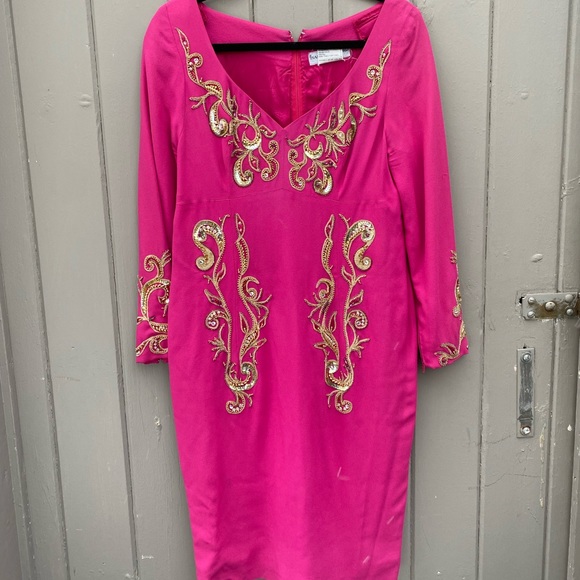 Isabelle Allard Paris Magenta Dress Gold Bead Botanical Paisley Applique - Picture 1 of 11